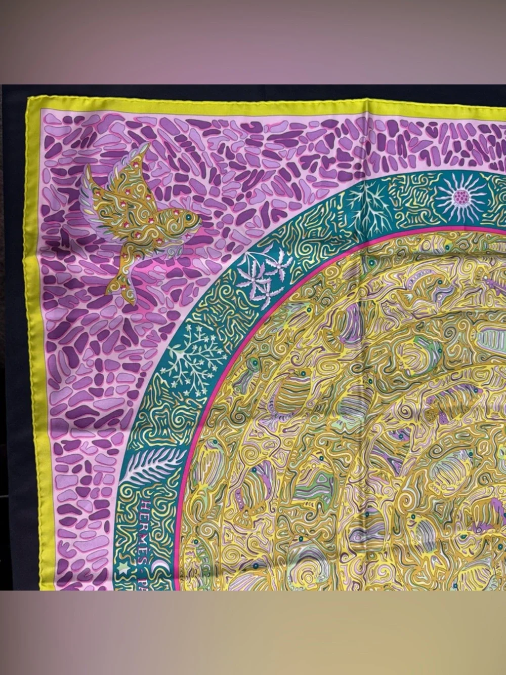 Hermes Silk Scarf Pink Yellow Green Fish La Legende Du Poisson Corail Coral - Picture 5 of 12